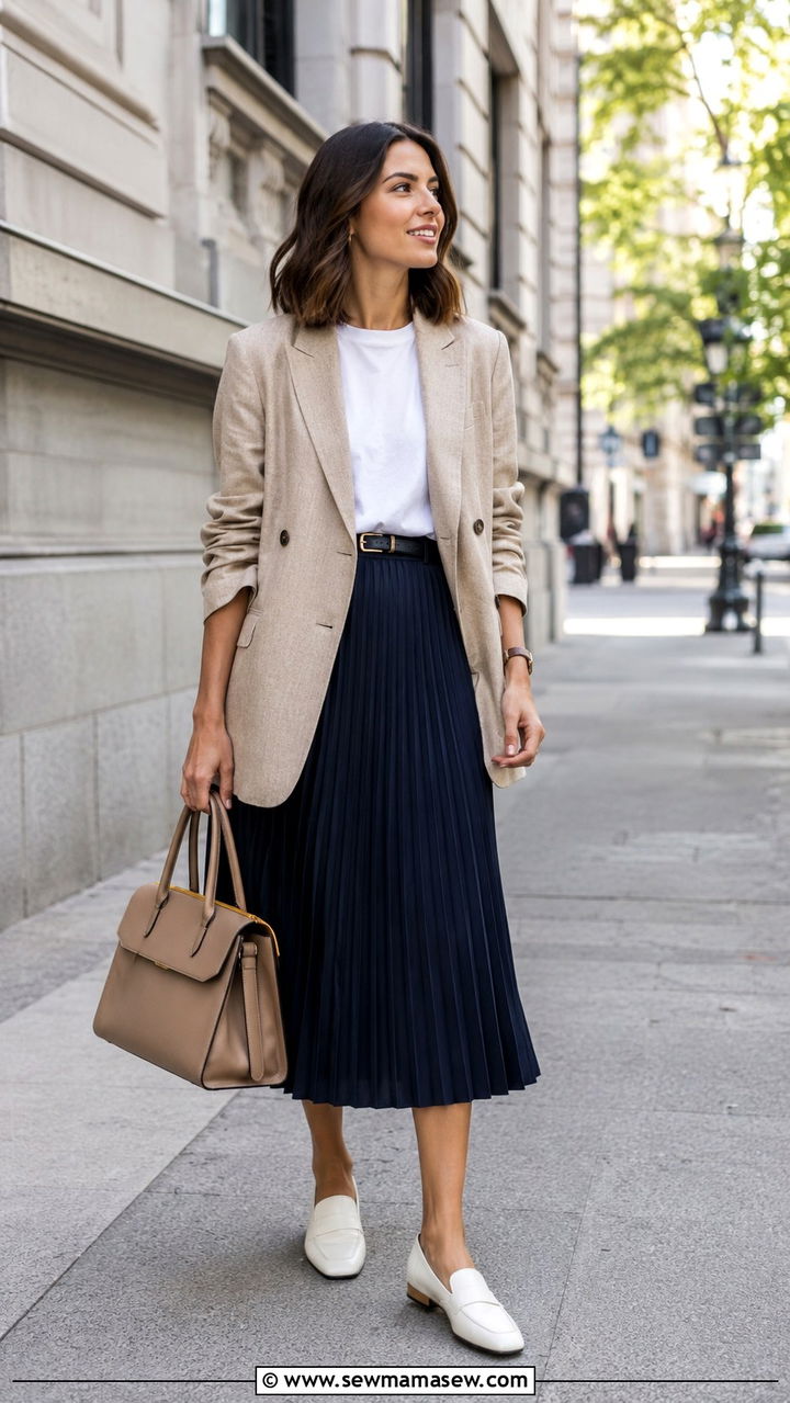 Pleated skirt with oversized blazer and tee - 30 casual pleated skirt outfits