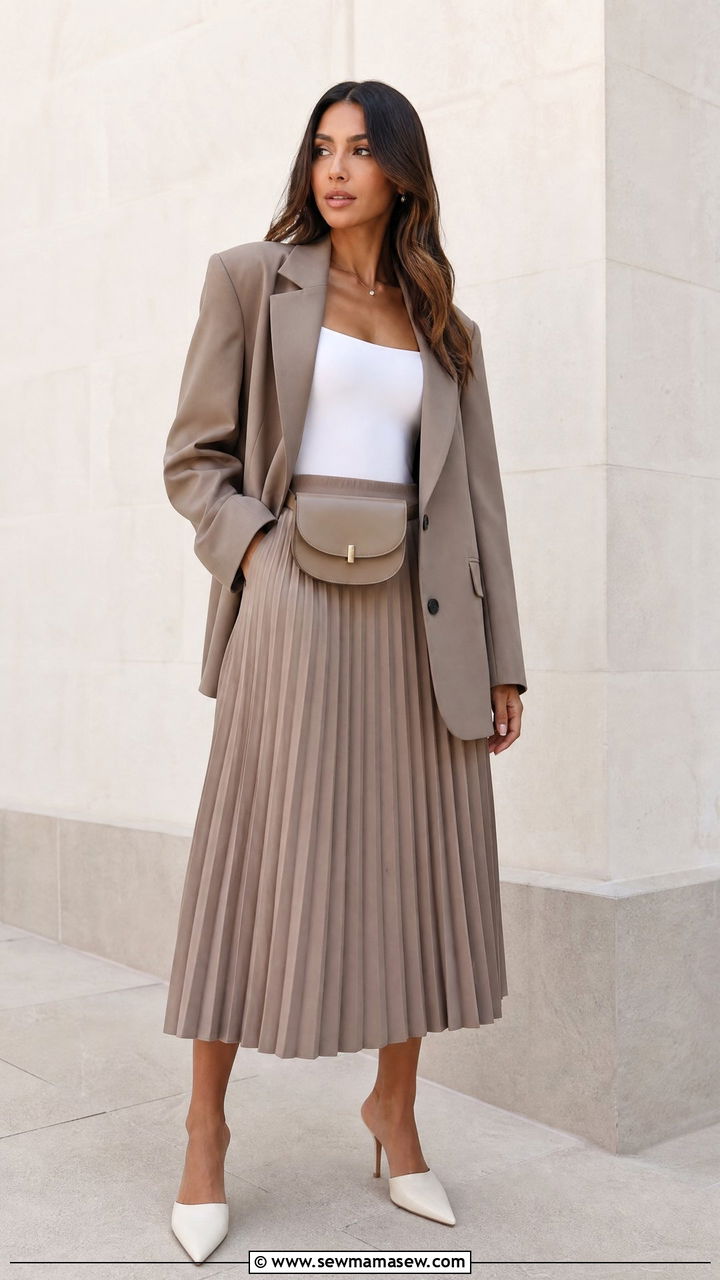 Pleated skirt with oversized blazer outfit - 25 spring pleated skirt outfit ideas