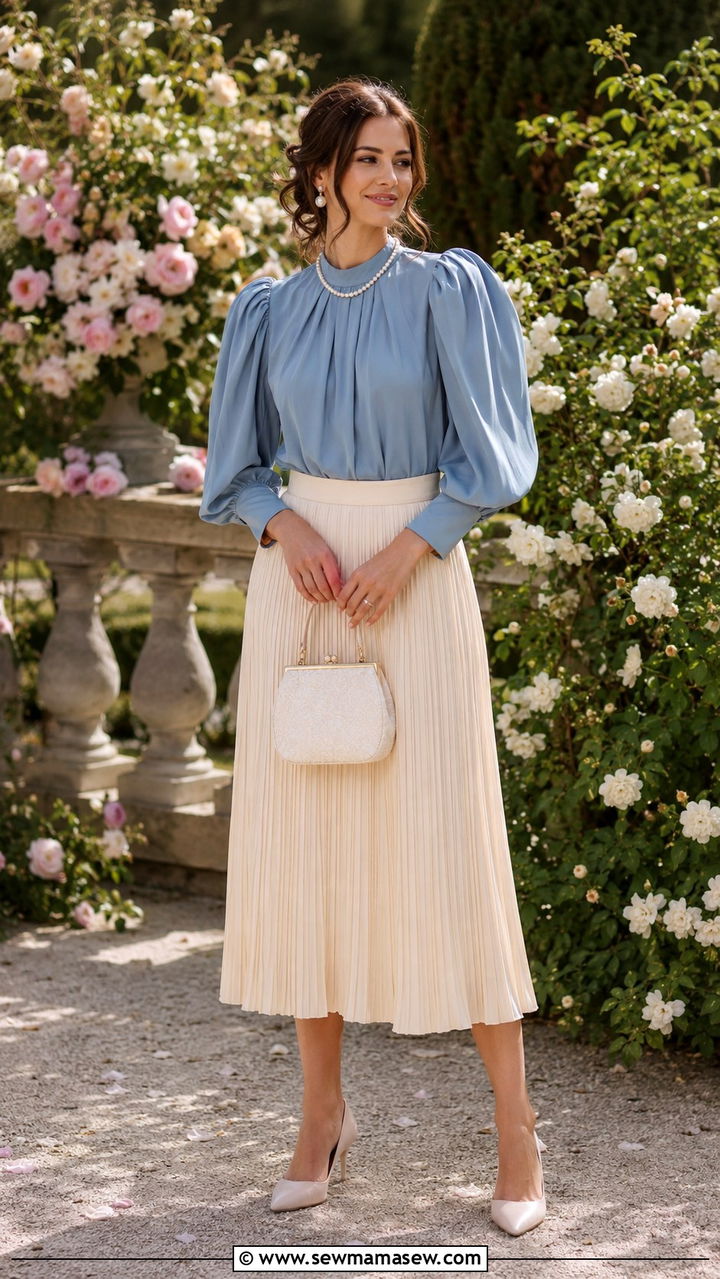 Pleated skirt with puff sleeve blouse - 30 Spring outfits with pleated skirts