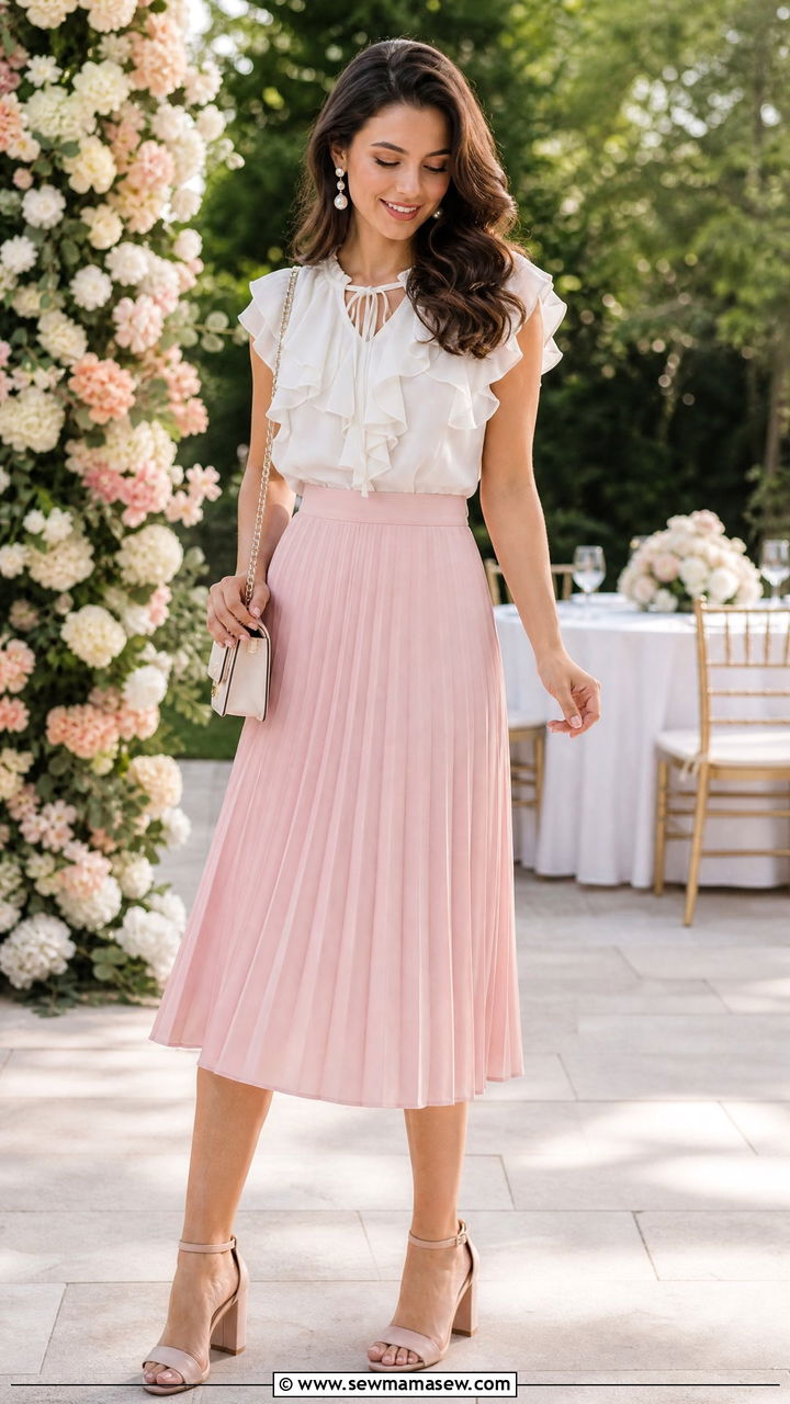 Pleated skirt with ruffle blouse and block heels - 40 pleated skirt outfit ideas