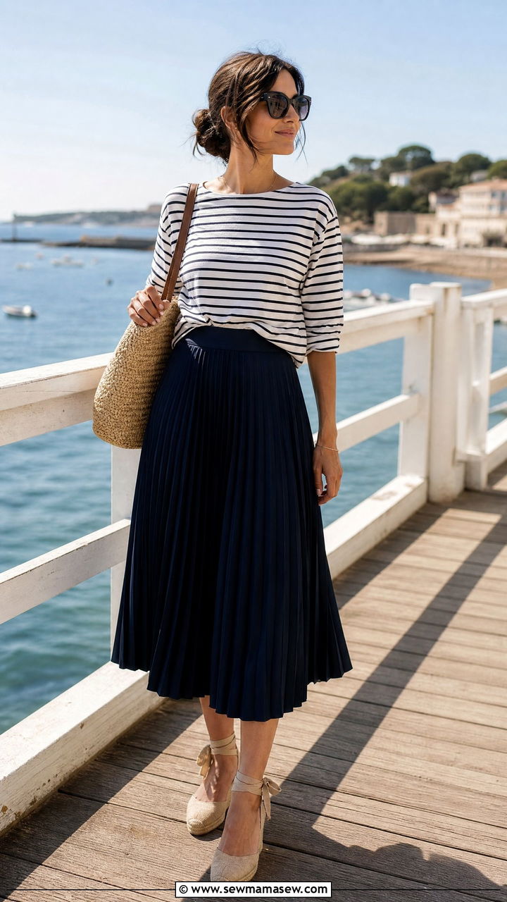Pleated skirt with striped shirt and espadrilles - 40 pleated skirt outfit ideas