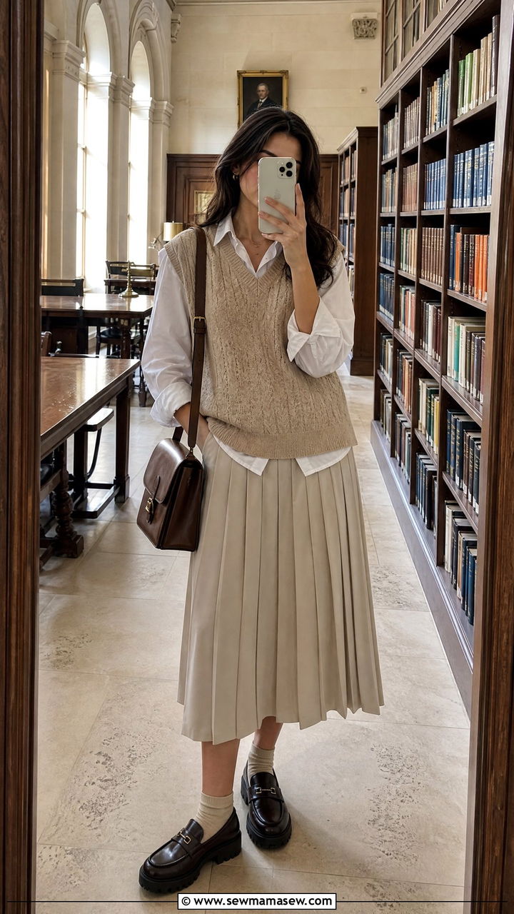 Pleated skirt with sweater vest outfit - 25 spring pleated skirt outfit ideas