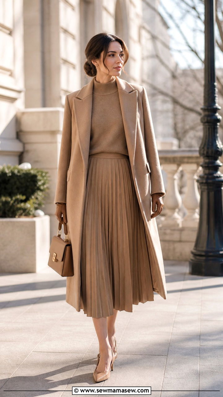 Pleated skirt with tailored coat and slingback heels - 40 pleated skirt outfit ideas