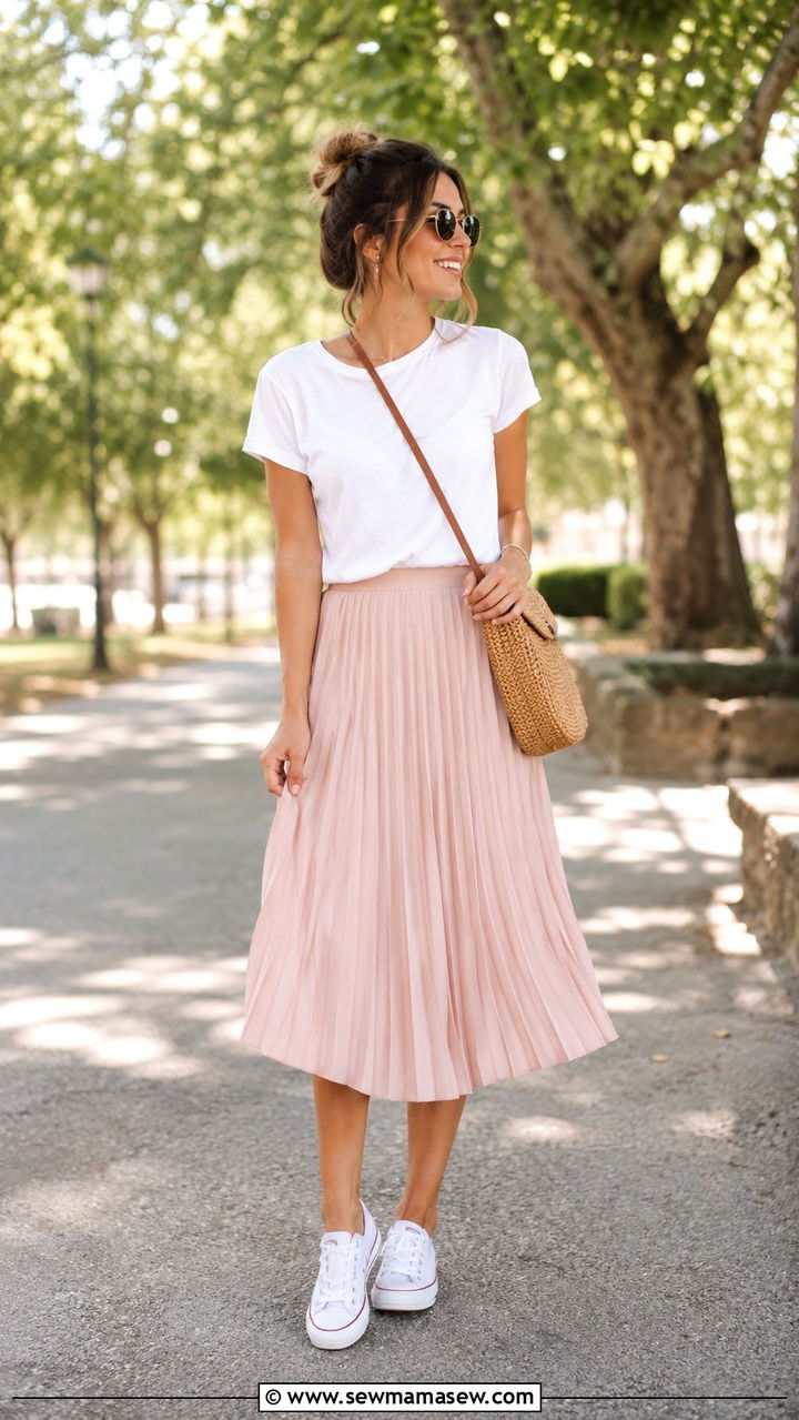 Pleated skirt with tee and canvas sneakers - 25 Trendy spring outfit ideas 2026