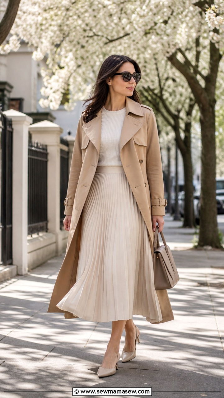 Pleated skirt with trench coat and kitten heels - 40 pleated skirt outfit ideas