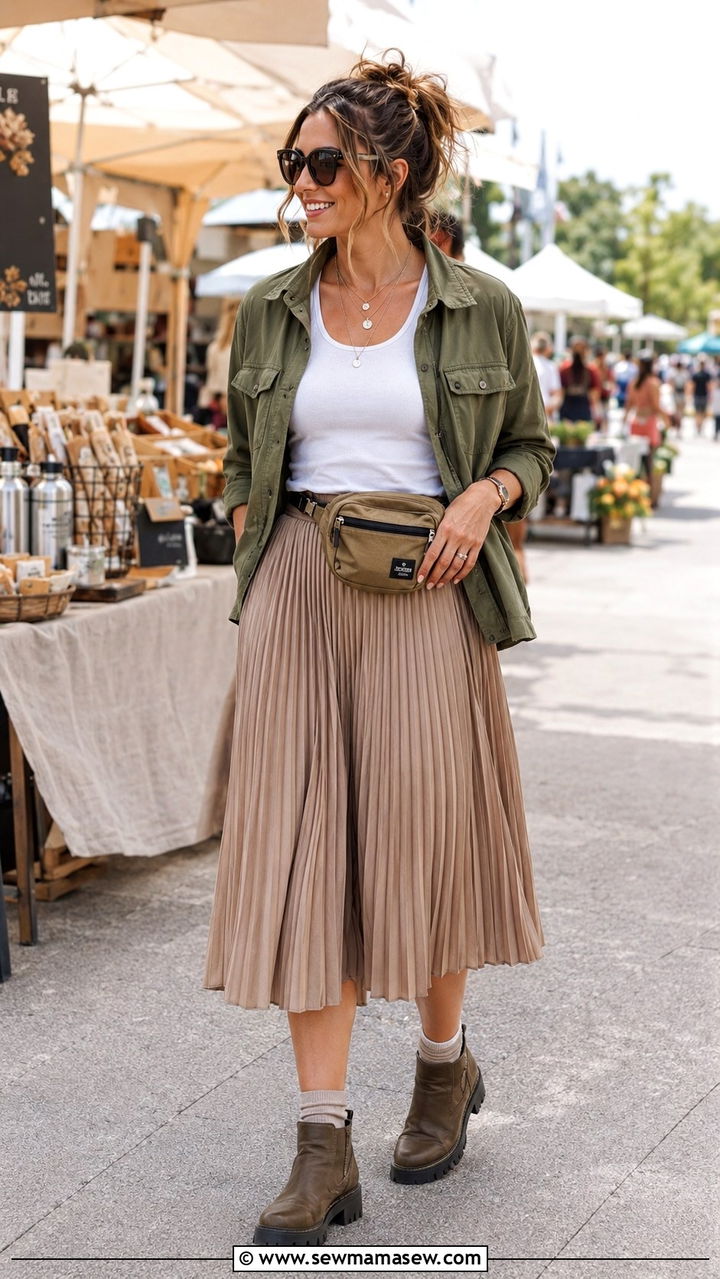 Pleated skirt with utility jacket and boots - 30 casual pleated skirt outfits