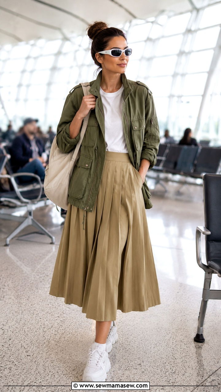 Pleated skirt with utility jacket and sneakers - 30 Spring outfits with pleated skirts