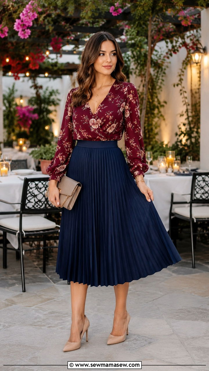 Pleated skirt with wrap blouse and heels - 30 Spring outfits with pleated skirts