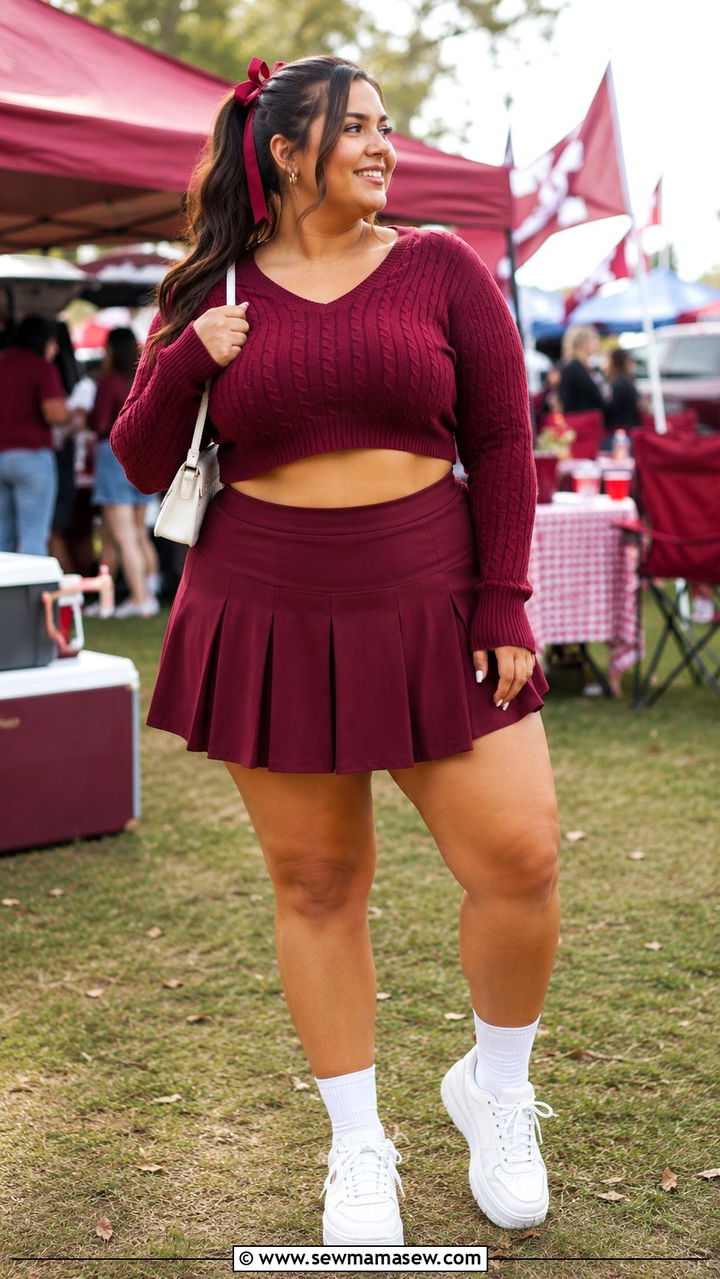 Pleated skort with crop top and chunky sneakers outfit - 30 Plus size tailgate outfit ideas