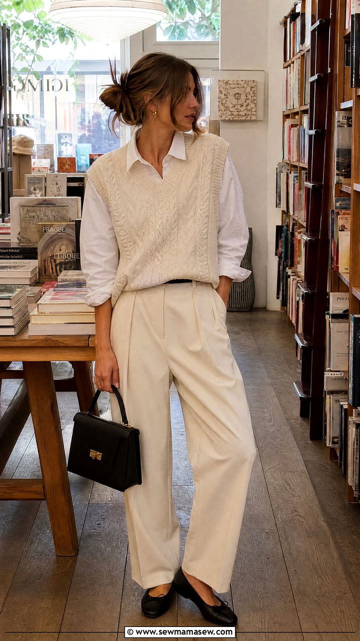 Pleated trousers with chunky knit sweater vest - 25 French girl outfit ideas with ballet flats