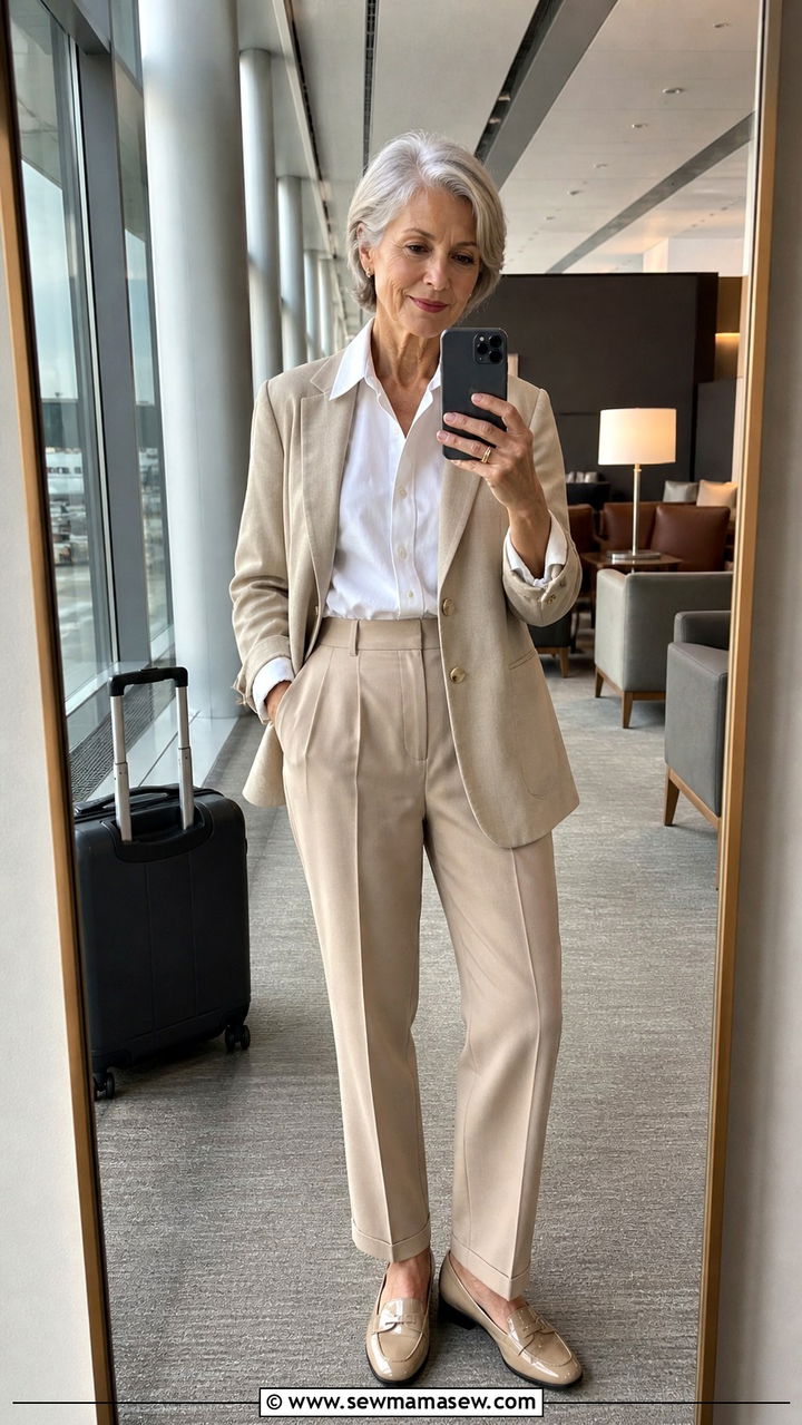 Pleated trousers with cotton poplin shirt and lightweight blazer - 20 Airport outfit ideas for women over 60