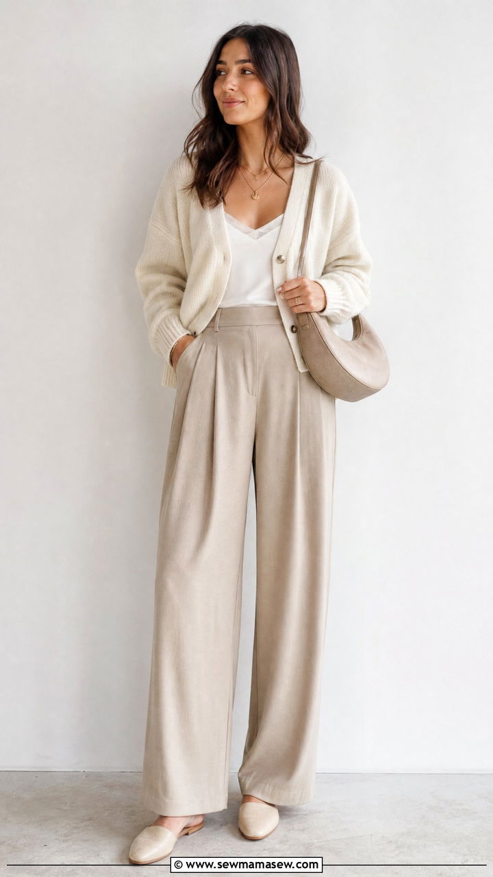 Pleated wide leg trousers with cardigan and mules brunch - 25 Brunch outfit ideas with wide leg pants