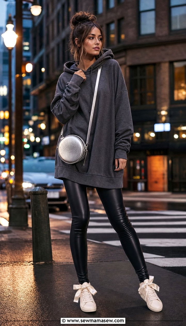 Pleather Leggings With Tunic Hoodie And Ribbon Tie Ballet Sneakers - 25 Sporty chic outfit ideas ballet