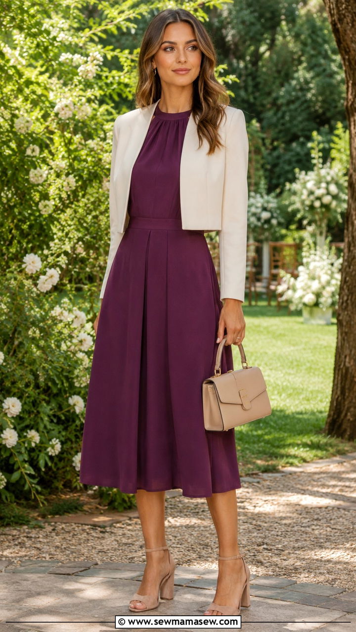 Plum A Line Dress With Cropped Jacket - 20 Wedding guest outfit ideas plum dress