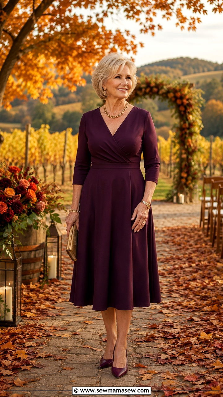 Plum A line midi dress with gold jewelry - 25 Wedding guest outfit ideas for 60 year old