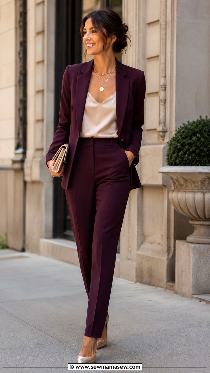 Plum Blazer And Trousers Set - 20 Wedding guest outfit ideas plum dress