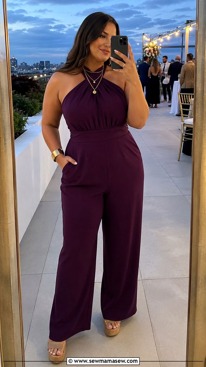 Plum Halter Neck Jumpsuit With Gold Cuff Bracelet And Wedge Heels - 25 Wedding guest outfit ideas size 22