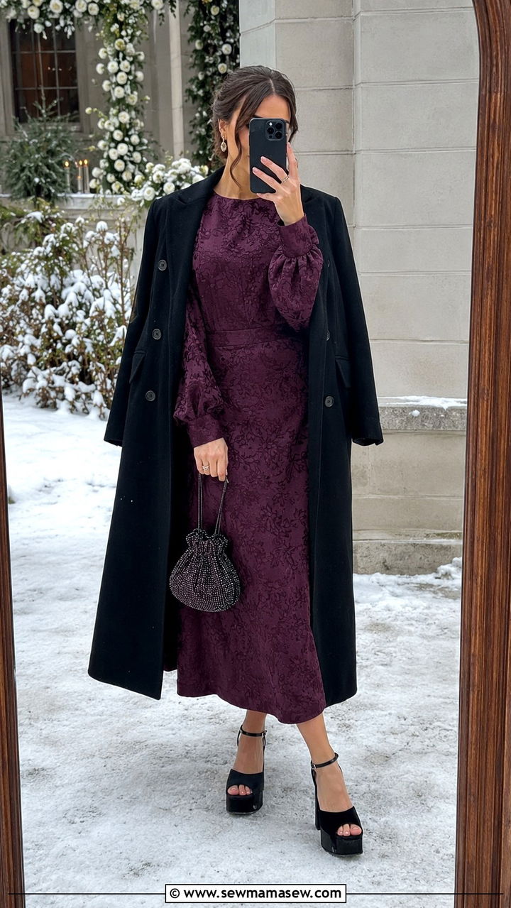 Plum Jacquard Long Sleeve Dress Winter Wedding Guest - 25 Wedding guest outfit ideas jacquard dress