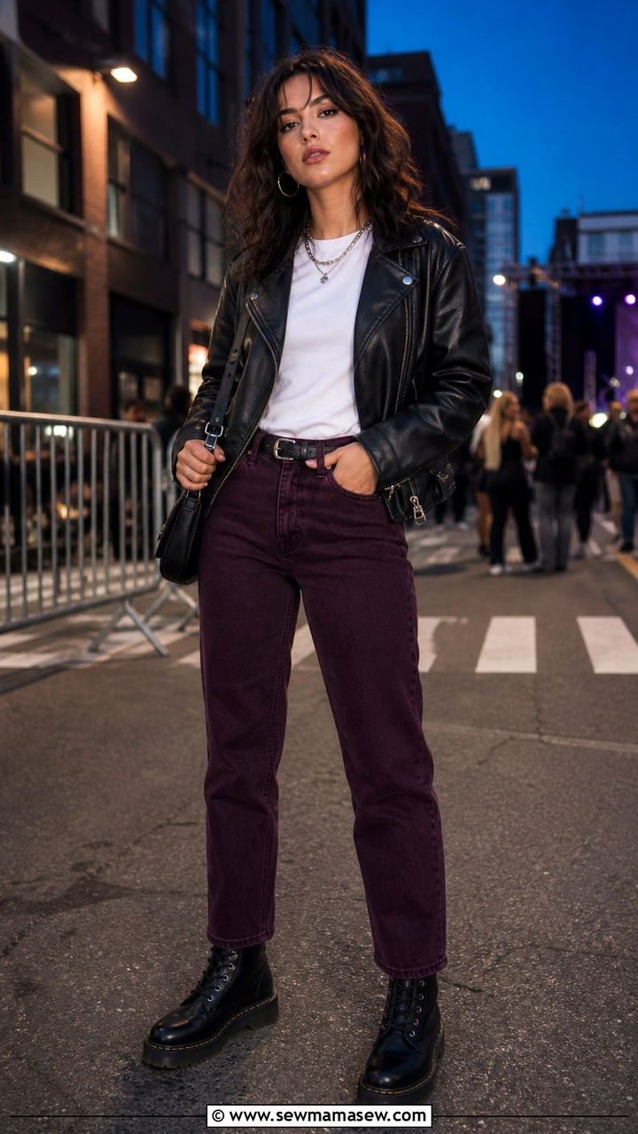 Plum Jeans With White Tee And Leather Jacket - 40 Colored jeans outfit ideas