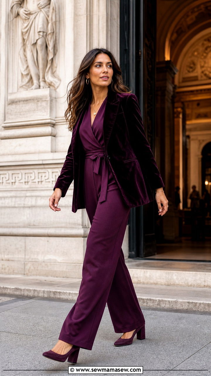 Plum Jumpsuit With Velvet Blazer And Block Heels - 40 Formal wedding guest outfits