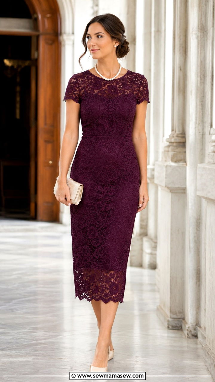 Plum Lace Dress With Pearl Jewelry - 20 Wedding guest outfit ideas plum dress
