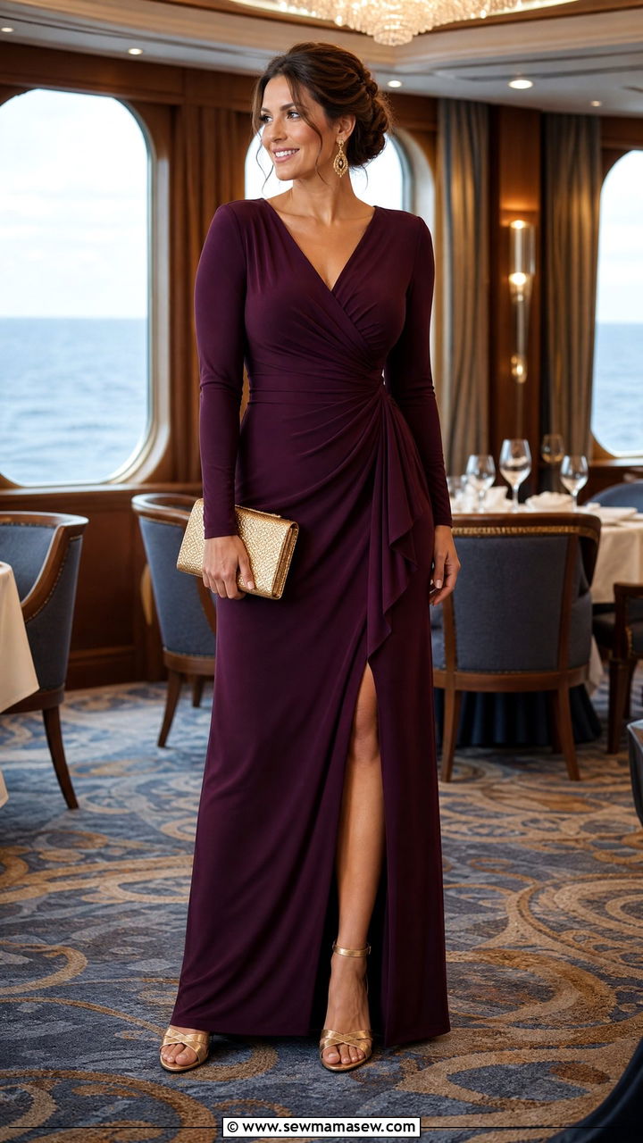 Plum Long Sleeve Gown with Gold Clutch - 30 Cruise formal night outfit ideas