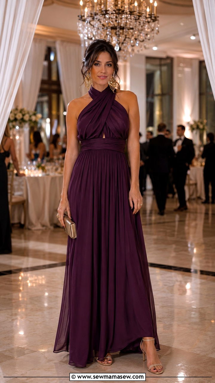 Plum Maxi Dress With Statement Earrings - 20 Wedding guest outfit ideas plum dress