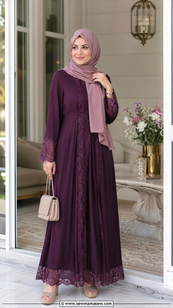 Plum Maxi Dress with Lace Accents and Dusty Mauve Hijab - 35 Eid outfit ideas for moms