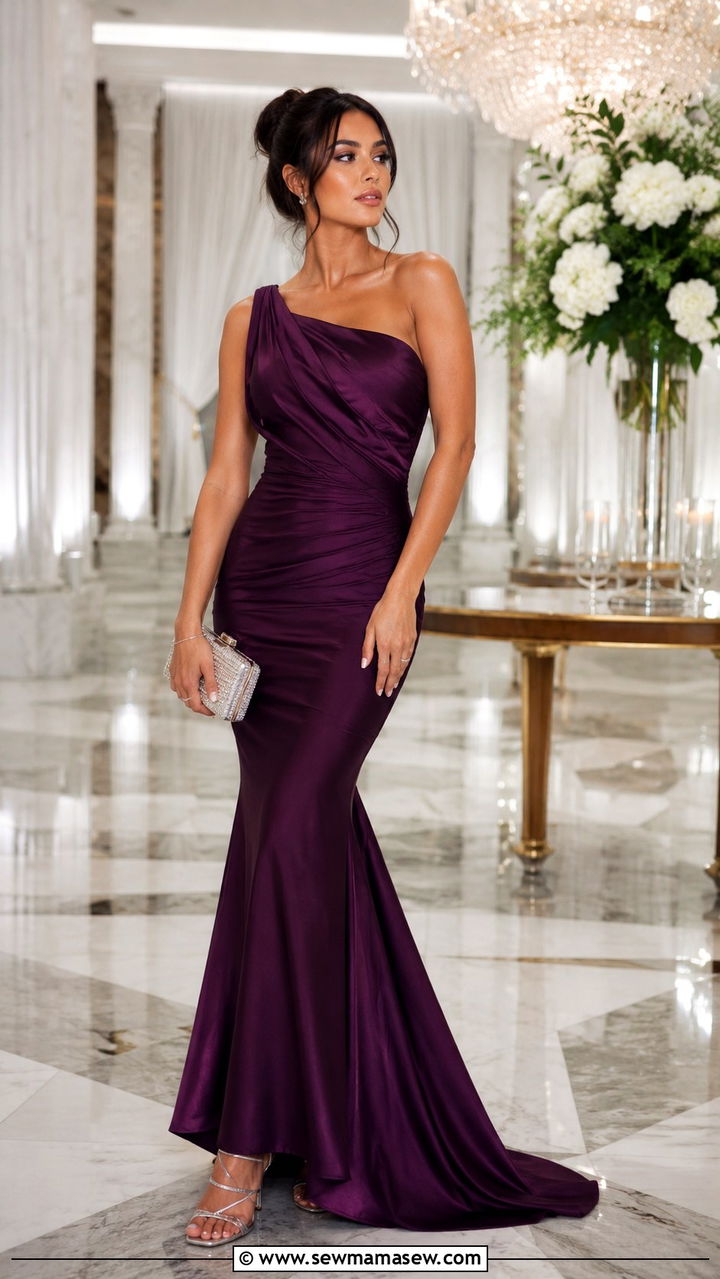 Plum Mermaid Silhouette Dress - 20 Wedding guest outfit ideas plum dress