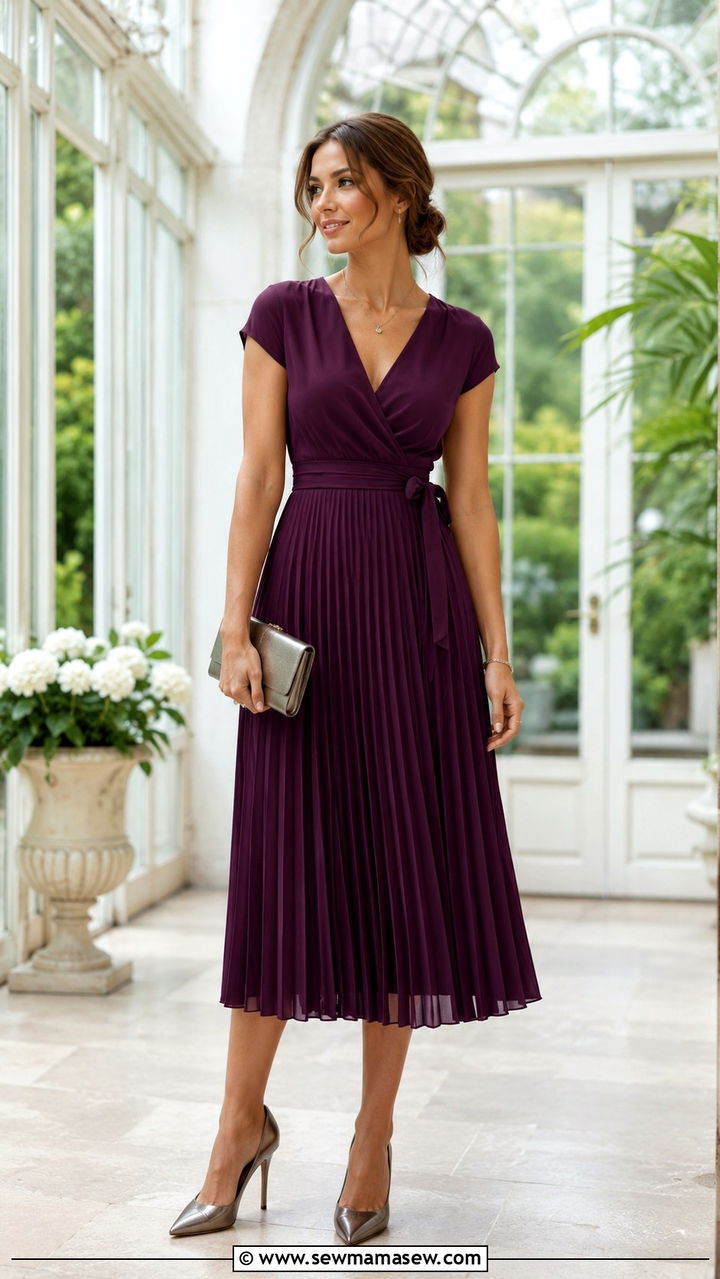 Plum Pleated Dress With Metallic Heels - 20 Wedding guest outfit ideas plum dress