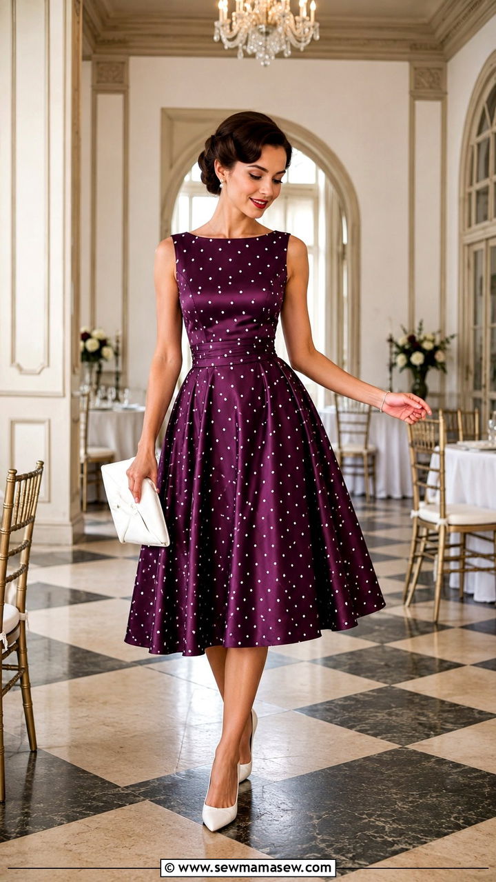 Plum Polka Dot Dress With Red Lip - 20 Wedding guest outfit ideas plum dress