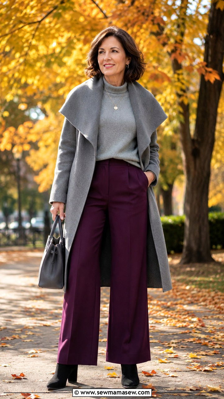 Plum Purple Palazzo Pants and a Grey Cashmere Sweater - 25 palazzo pants outfits for women over 40
