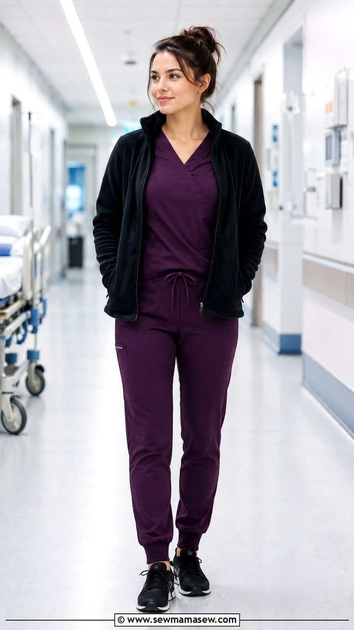 Plum Purple Scrubs with a Fleece Zip Up Jacket Outfit - 30 Scrubs outfit ideas for nurses