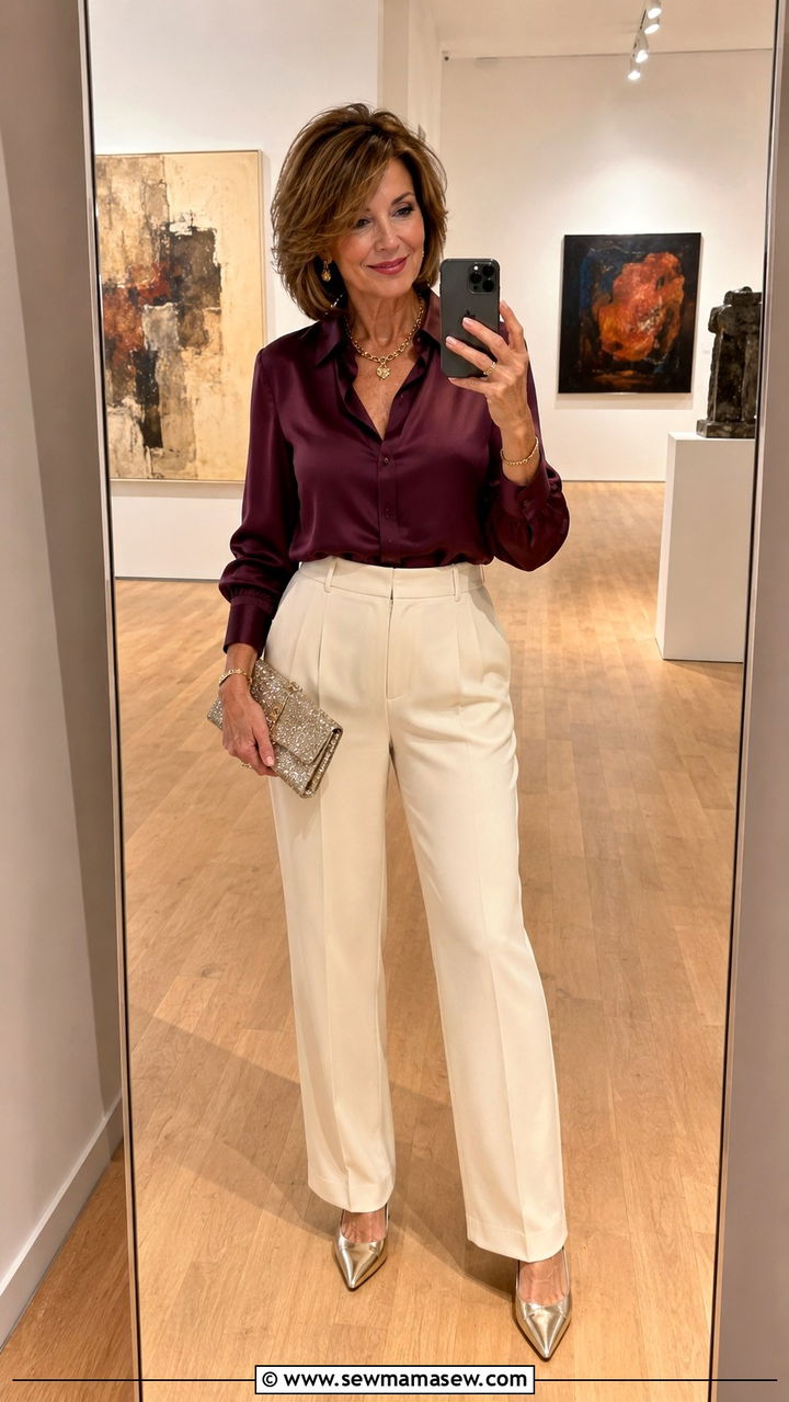 Plum Satin Blouse With Cream Trousers - 25 Birthday outfits for women over 50