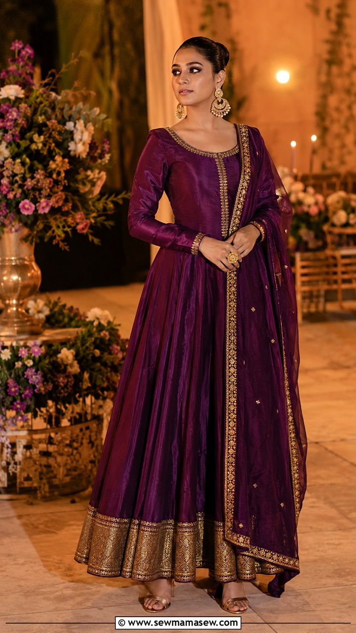 Plum Silk Anarkali With Gold Zari Border - 30 Mehndi outfit ideas