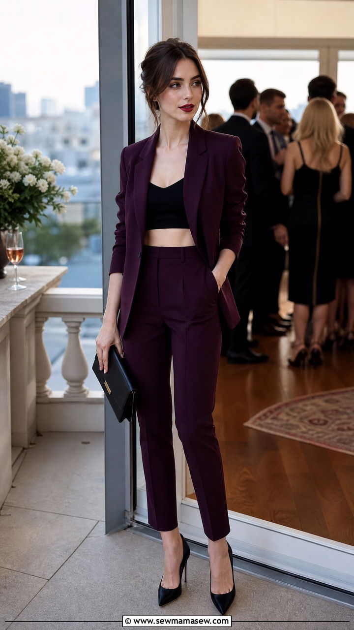 Plum Suit With A Crop Top - 25 French girl outfit ideas Lily Collins style