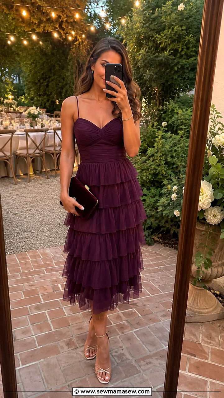 Plum Tiered Ruffle Dress - 20 Wedding guest outfit ideas plum dress