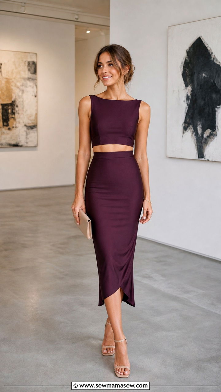 Plum Two Piece Set With Minimalist Jewelry - 20 Wedding guest outfit ideas plum dress