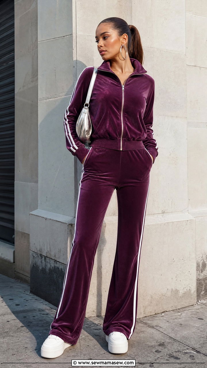 Plum Velour Track Jacket And Flared Pants Set - 40 matching set outfit ideas for women
