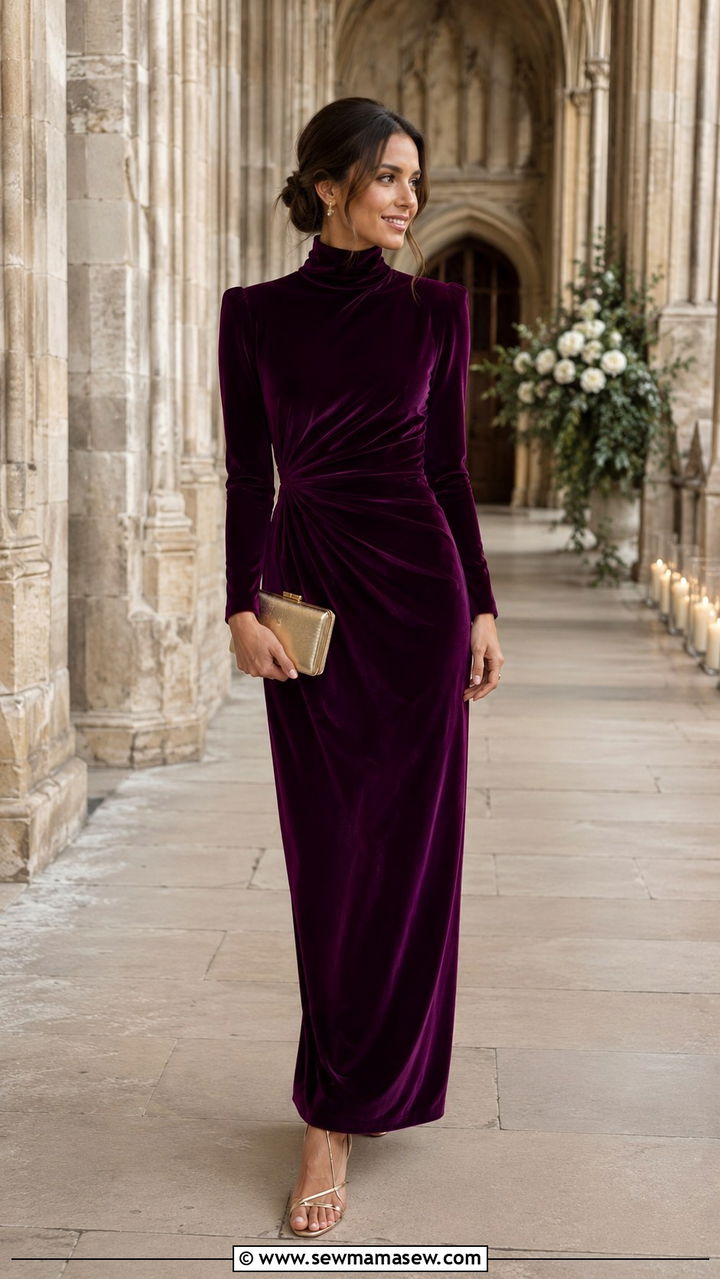 Plum Velvet High Neck Gown With Gold Clutch - 30 Old money wedding guest outfits