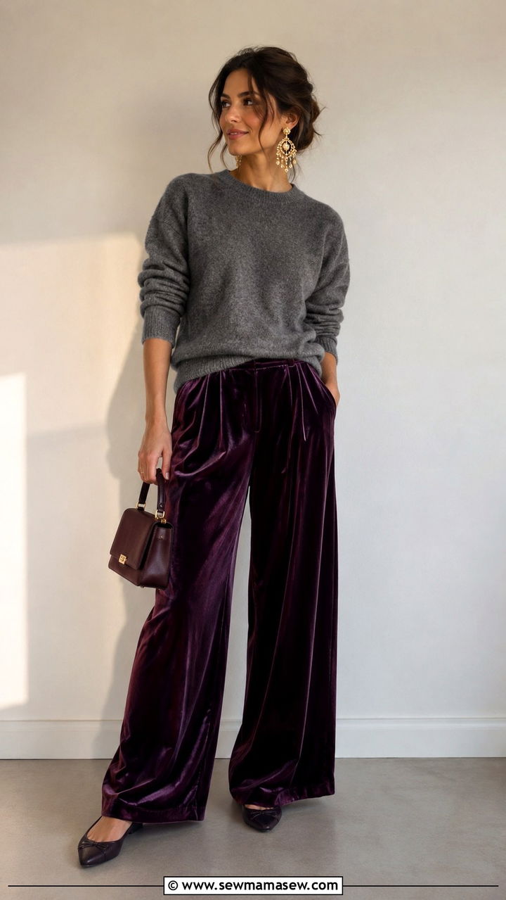 Plum Velvet Pants With Gray Knit Sweater And Statement Earrings Outfit - 30 casual glamoratti outfits