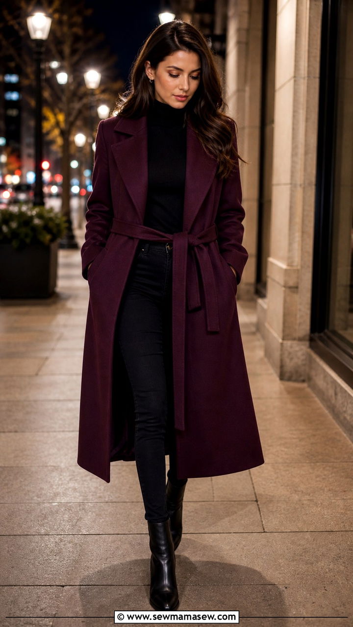 Plum Wrap Coat Over All Black Outfit - 40 Purple outfit ideas