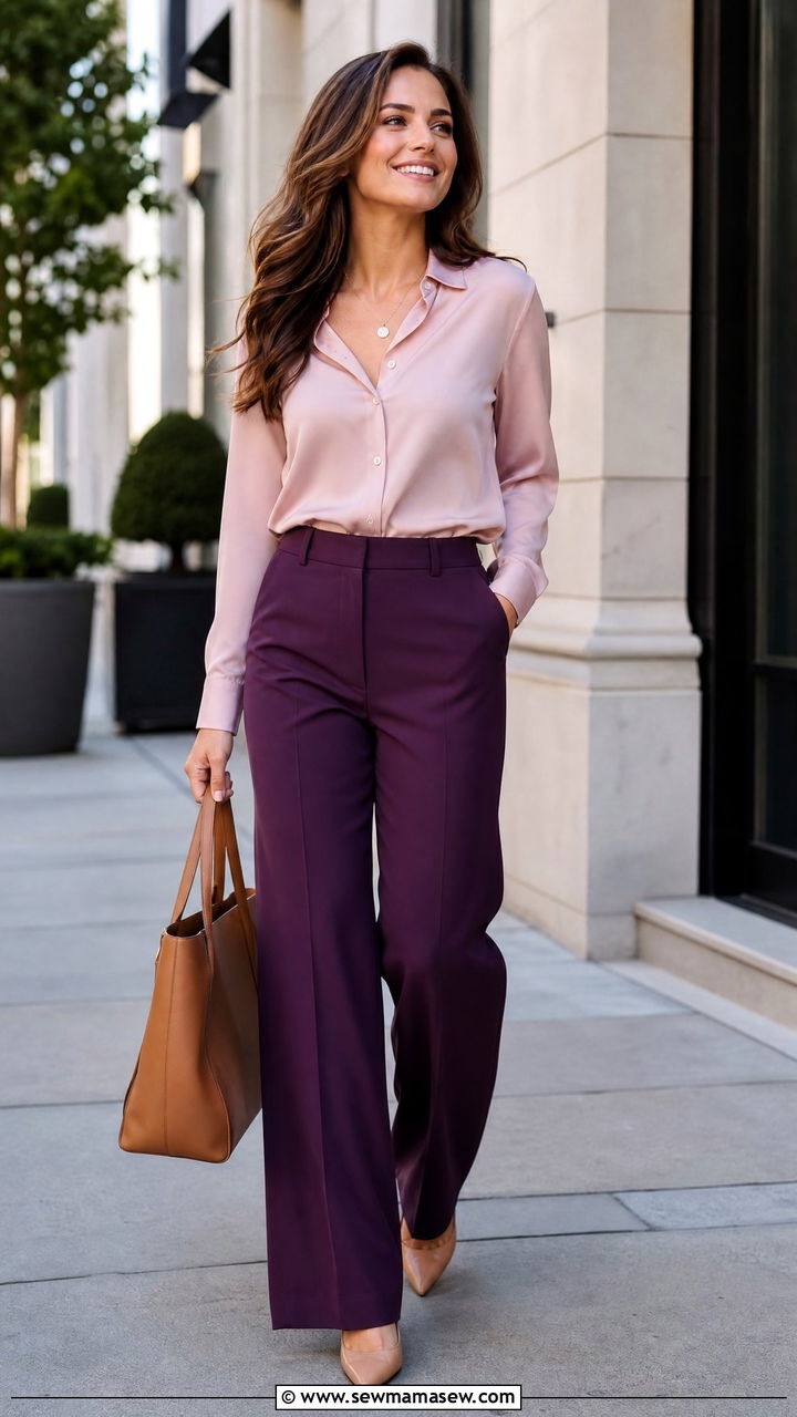 Plum trousers and blush blouse for work - 35 Jewel tone outfit ideas