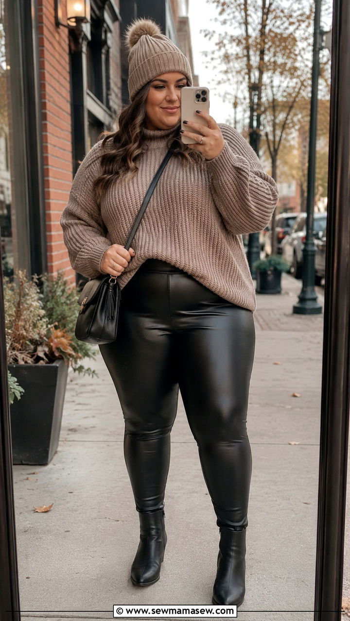 Plus Size 28 Faux Leather Leggings With Oversized Sweater - 25 Plus size outfit ideas size 28