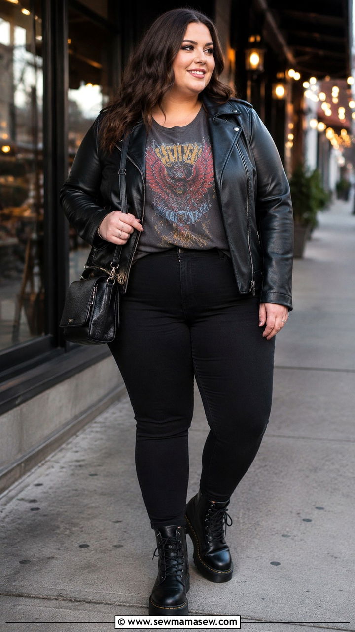 Plus Size 28 Leather Jacket With Graphic Tee And Jeans - 25 Plus size outfit ideas size 28