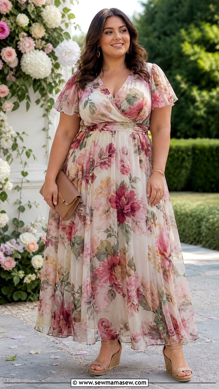 Plus Size A Line Floral Maxi with Wedge Sandals - 40 Summer 2026 wedding guest outfit ideas