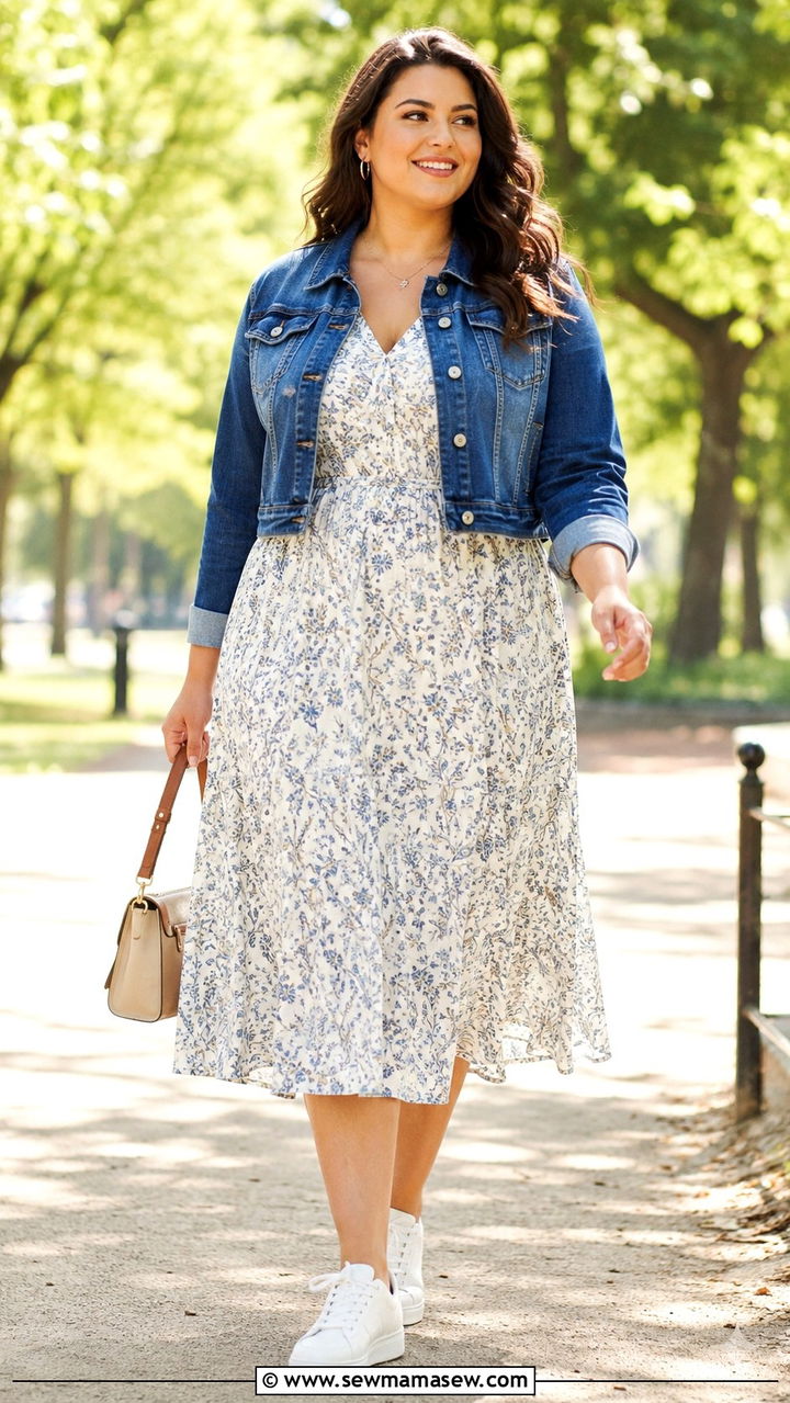 Plus Size A Line Midi Dress with Denim Jacket - 20 Outfit ideas to hide belly fat plus size