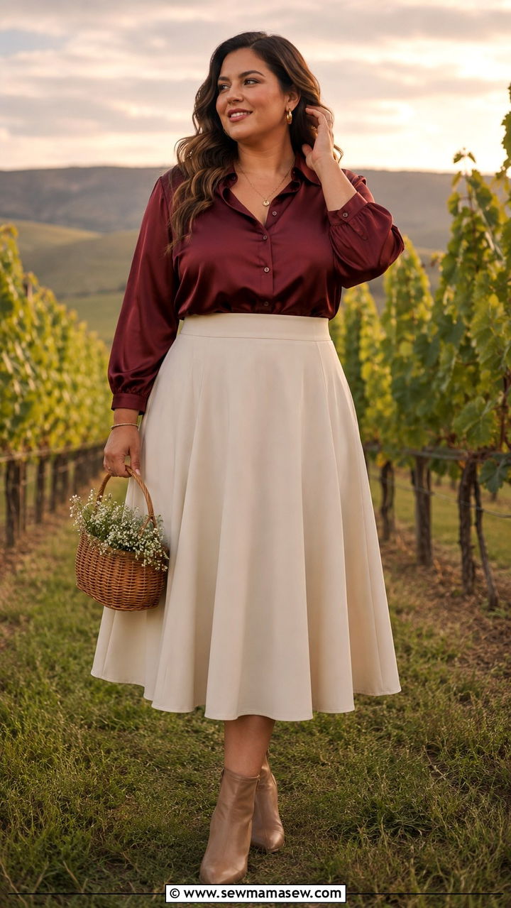 Plus Size A Line Midi Skirt and Tucked In Blouse Photoshoot Outfit - 30 Plus size photoshoot outfit ideas