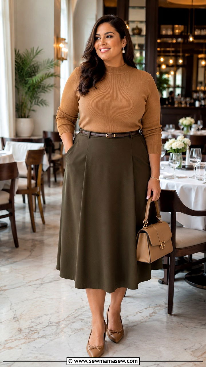 Plus Size A Line Midi Skirt with Fitted Knit Top - 30 Plus size modest outfit ideas