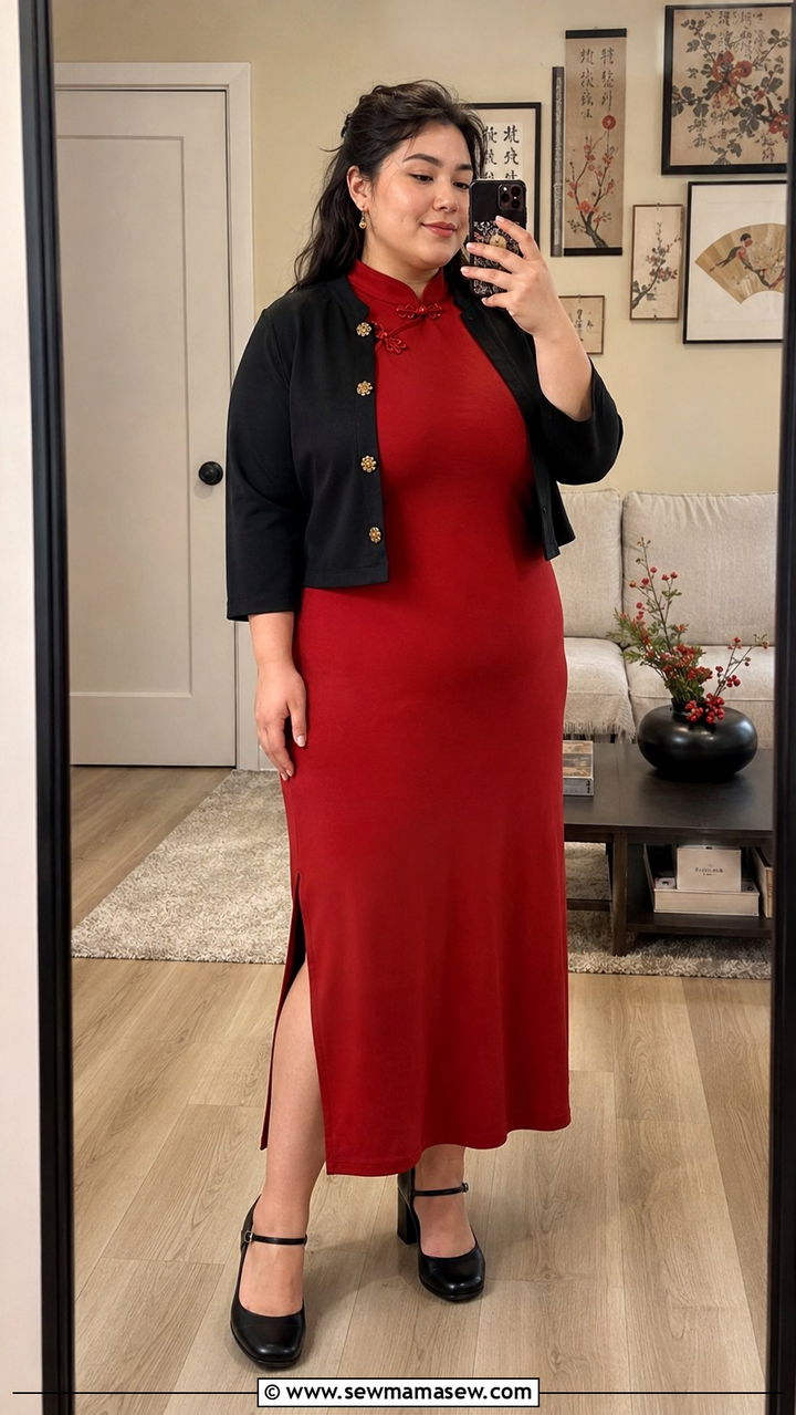 Plus Size A Line Qipao with Block Heels - 30 Lunar new year outfit ideas